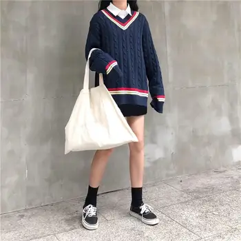 

Fall Winter V Neck Twist Striped Casual Sweater Loose Knitted Sweater Long Sleeve Plus Size Sweater
