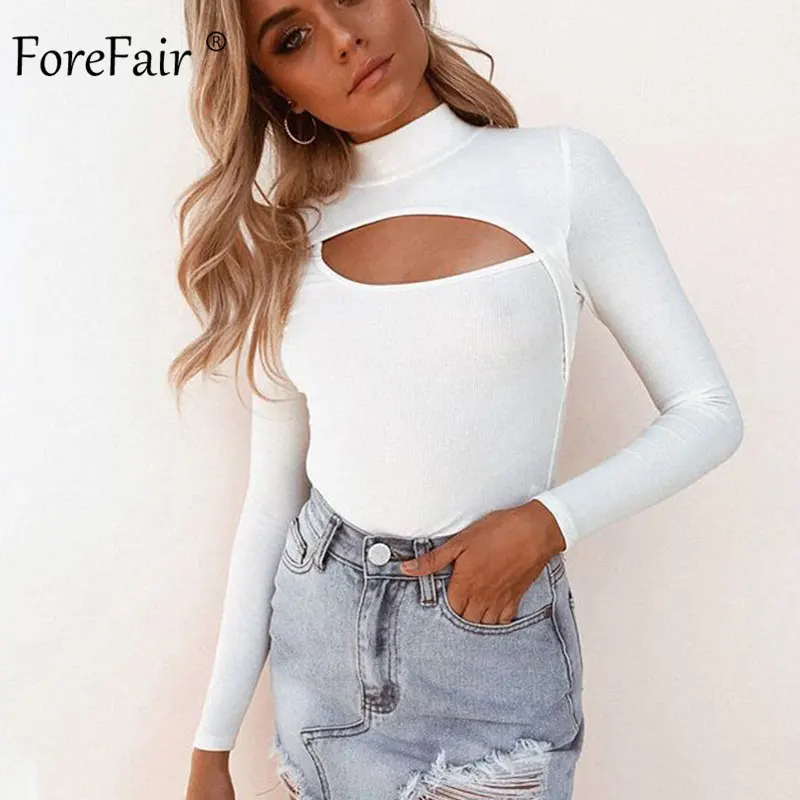 

Cut Out Turtleneck Long Sleeve Bodysuit Women Autumn 2019 Club Wear Female Elegant Basic Slim Solid Black White Sexy Bodysuit
