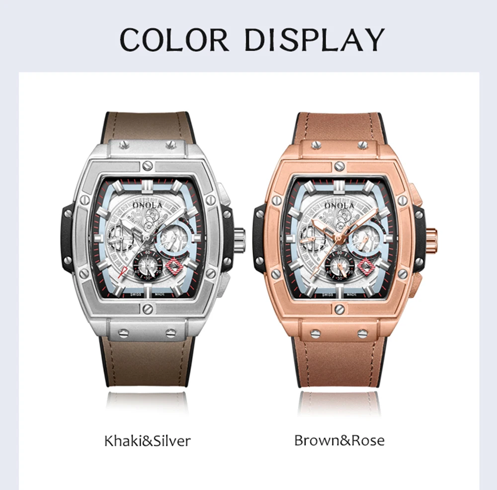 Бренд ONOLA, роскошные классические кварцевые часы для мужчин,, lumious tonneau, квадратные большие наручные часы, деловые повседневные часы для мужчин