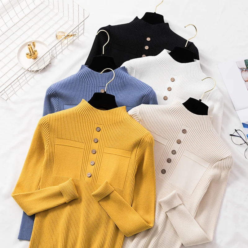 

Kintted Thickening Women Sweater Solid Color Long Sleeve Jumper Korean Slim Fashion Autumn Winter Base Pullover Black White Blue