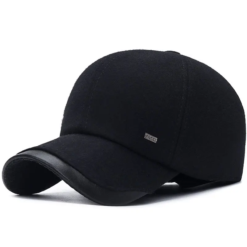 [NORTHWOOD] Бейсболка для мужчин Зимняя теплая спортивная шапка Gorra Hombre Dad Hat Mens Бейсболка с ушанками - Цвет: Черный