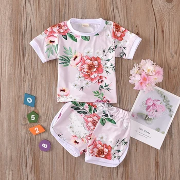 

Baby Girl Chinese Style Home Service Flower Printed Short Sleeve Top + Shorts Pajamas Casual Outfits Set