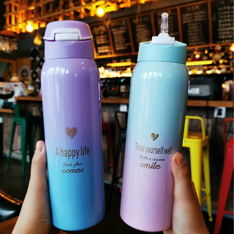 Best Hot sale 480ML Insulated Thermals Milk amp;coffee Cup18 8 Stainless Steel Thermos Straw Water Bottle Gradient Sports Vacuum Flask