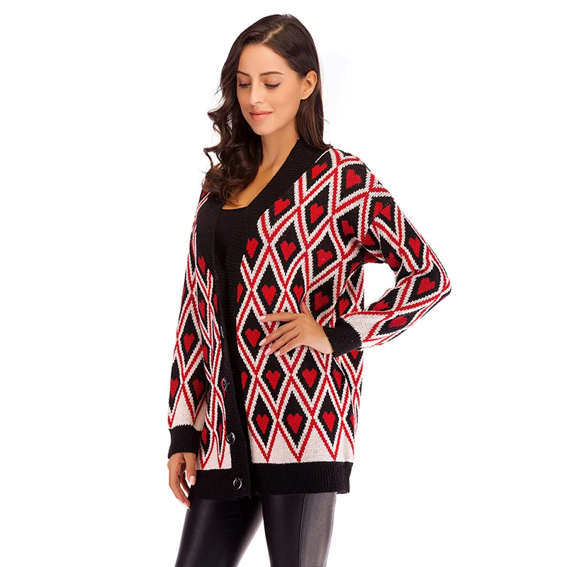 Autumn Spring Printed Fashion Women Sweaters V Neck Button Casual Geometric Women Loose Large Coat Women Sweaters