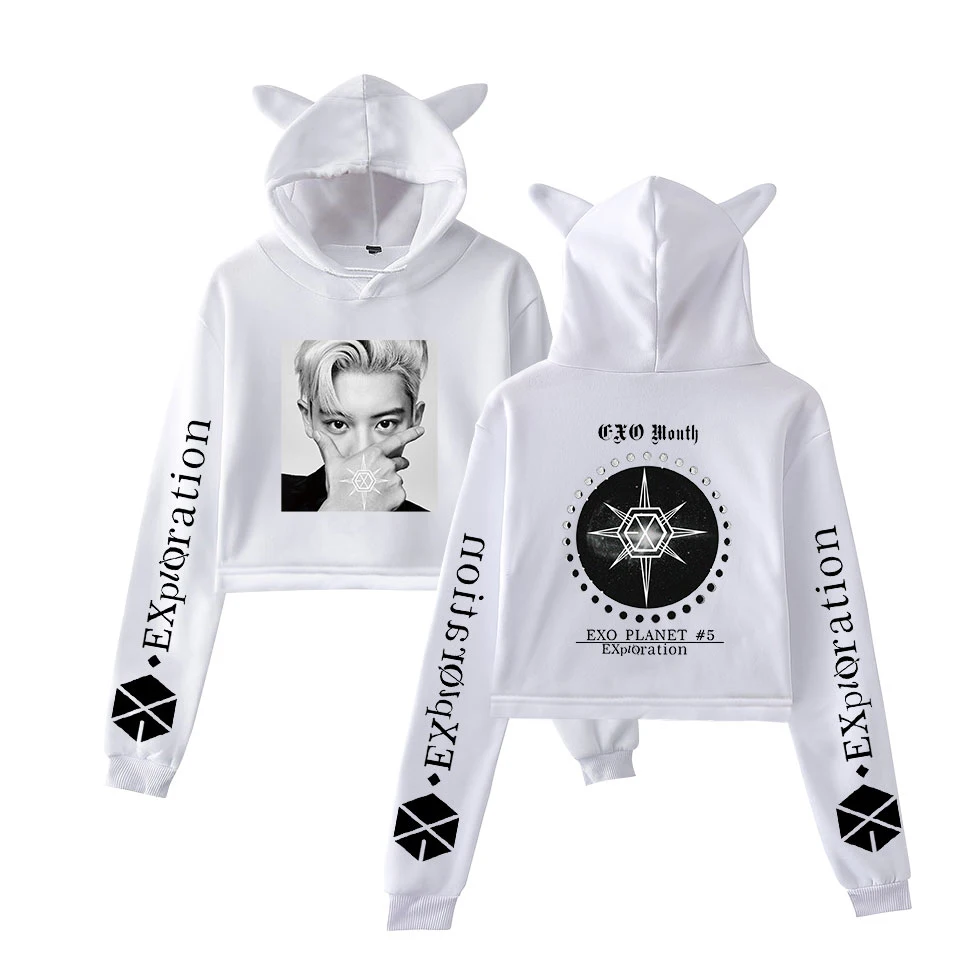 EXO PLANET-#5-Разведка Ulzzang кошачьи уши толстовка с капюшоном осенние женские кампусные пуловеры Harajuku Повседневная укороченная Толстовка