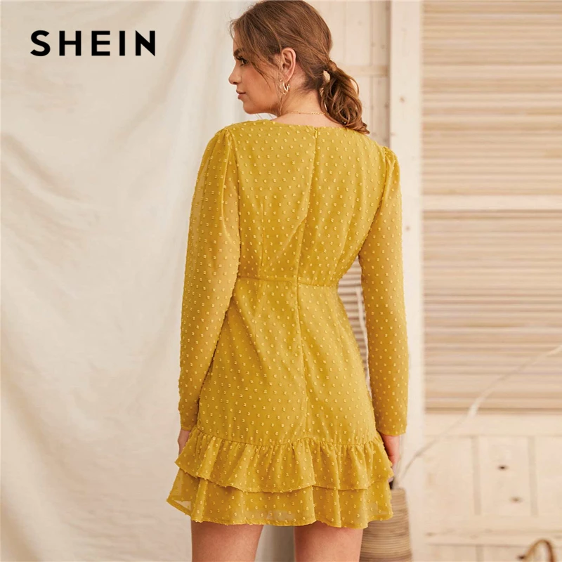 SHEIN черное швейцарское платье в горошек с оборками спереди, Сетчатое платье для женщин, весна-лето, высокая талия, v-образный вырез, ТРАПЕЦИЕВИДНОЕ Элегантное короткое платье