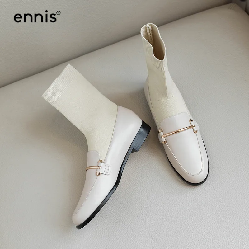 

ENNIS 2019 Designer Genuine Leather Boots Women Flat Knitted Boots Autumn Shoes Round Toe Stretch Boots With Metal Chain A9157