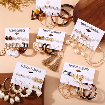 

Fashion Mixed Geometric Stud Earrings Boho Leopard Print Tassel Tortoise Shell Acrylic Earrings Set For Women Brincos Jewelry