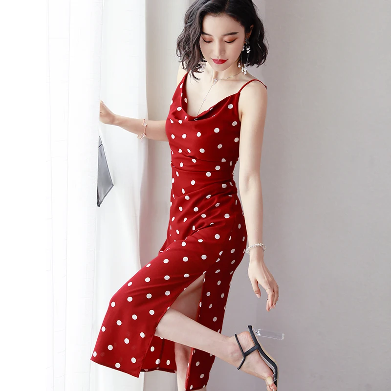 

New Spring And Summer Women's Sleeveless Polka-Dot Printed Slim Sexy Suspender Dress side Split fork Party Slim Dresses