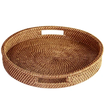 

Rattan Tray With Handle - Hand-Woven Multi-Purpose Wicker Tray With Durable Rattan Fiber (Round 13.5 Inch Diameter, Natural)