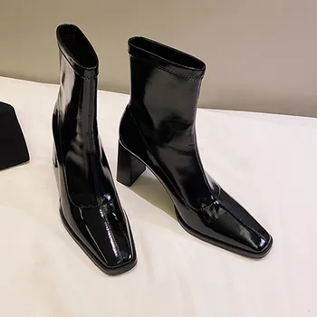 

Concise patent Leather Ankle Boots Women Autumn Winter Short Boots square Toe Basic Office Shoes Woman Chelsea