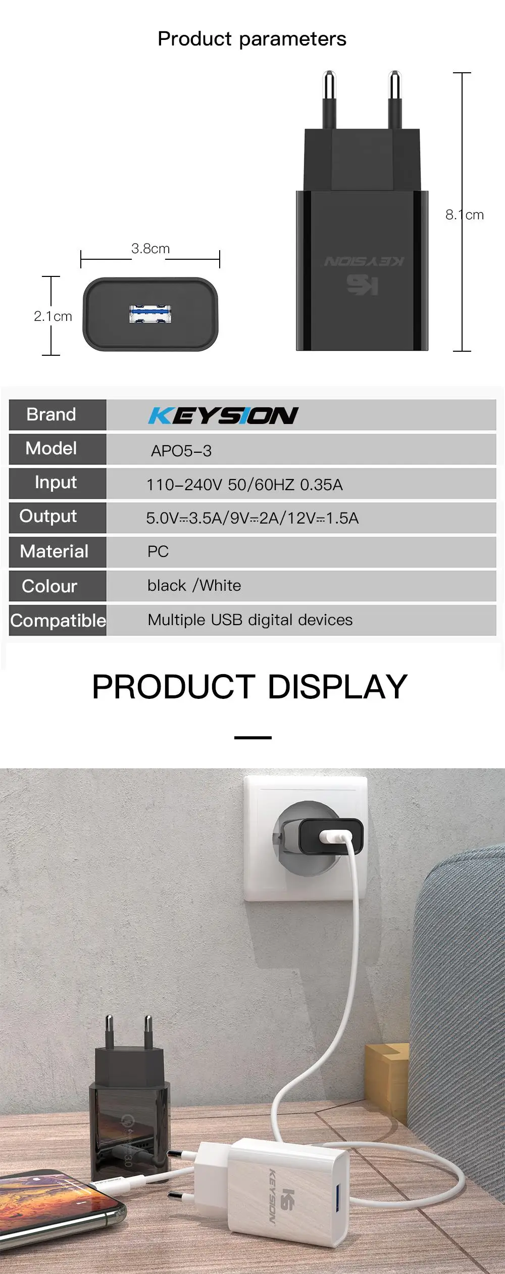 KEYSION 18 Вт Быстрая зарядка 3,0 быстрое зарядное устройство для мобильного телефона дорожное зарядное устройство USB адаптер для iPhone samsung Xiaomi Redmi; Huawei
