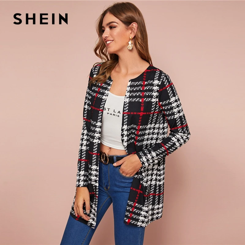 Promo  SHEIN Black and White Plaid Print Open Front Coat Women Spring Autumn Long Sleeve O-neck Outwear Ca