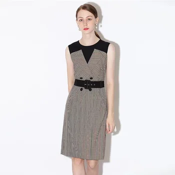 

Patchwork Stripe Women Dress Elegant O-Neck Sheath Work Dresses A914