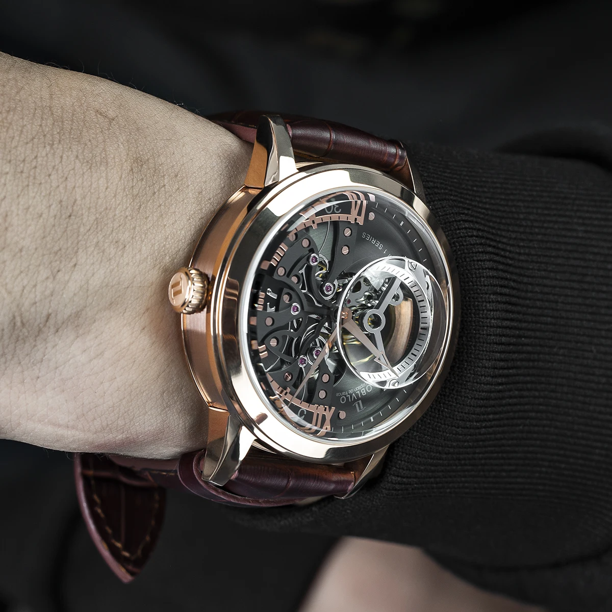 OBLVLO Casual Watches Mens Skeleton Dial Calfskin Leather Band Rose Gold Watches Automatic Watches for Men Montre Homme VM 1