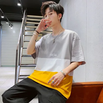 

ZHIJING Summer New Style Men Korean-style Trend of Fashion Stripes Joint Short Sleeve Teenager Loose-Fit Cool T-shirt