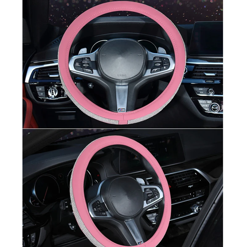 pink sliver diamond Роскошные кристаллы алмаза крышка рулевого колеса автомобиля с украшение из искусственной кожи Bling Rhinestone покрытые крышки рулевого колеса - Название цвета: pink sliver diamond