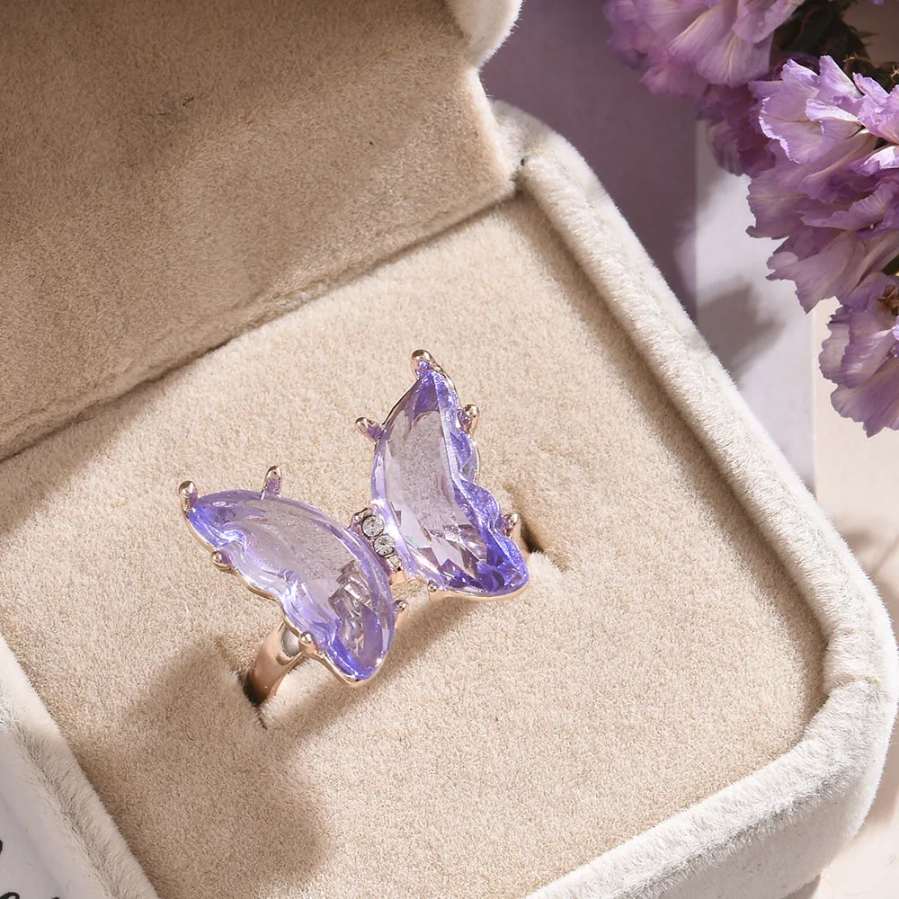 Anillo de mariposa púrpura para mujer, joyería romántica, temperamento Popular, dulce, regalo de boda