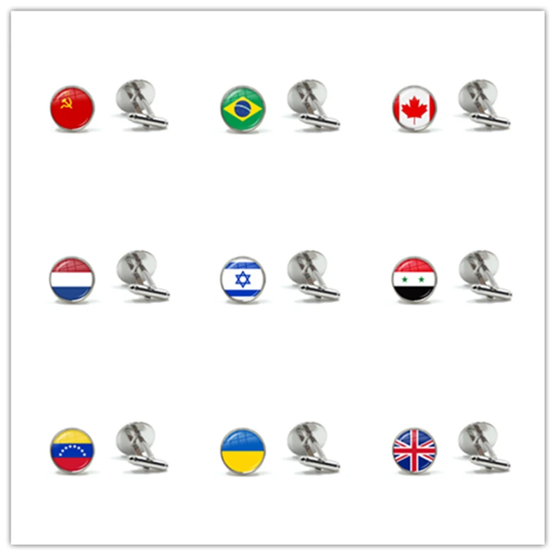 

Soviet Union,Brazil,Canada,Netherlands,Israel,Syria,Venezuela,Ukraine,UK National Flag 16mm Glass Cabochon Cufflinks Button