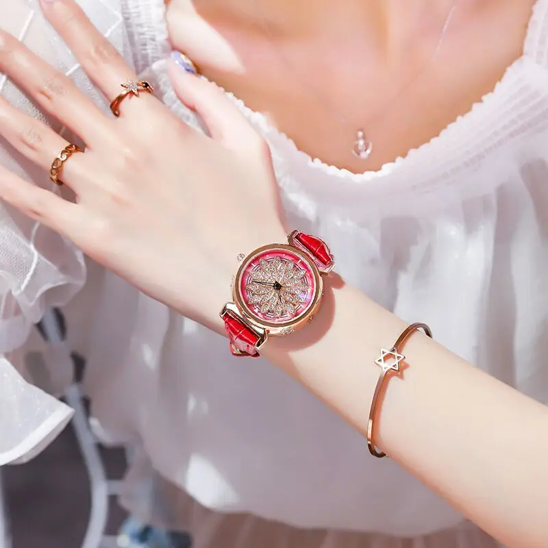 Creative Rotation Flower Women Watches Luxury Diamand Rose Gold Clock Leather Ladies Quartz Watch