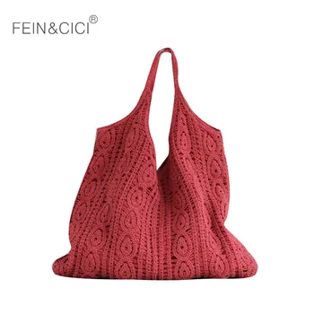 

Women weave knitting large capacity hobos shoulder bag vintage retro casual totes handbag 2020 spring summer new red white black