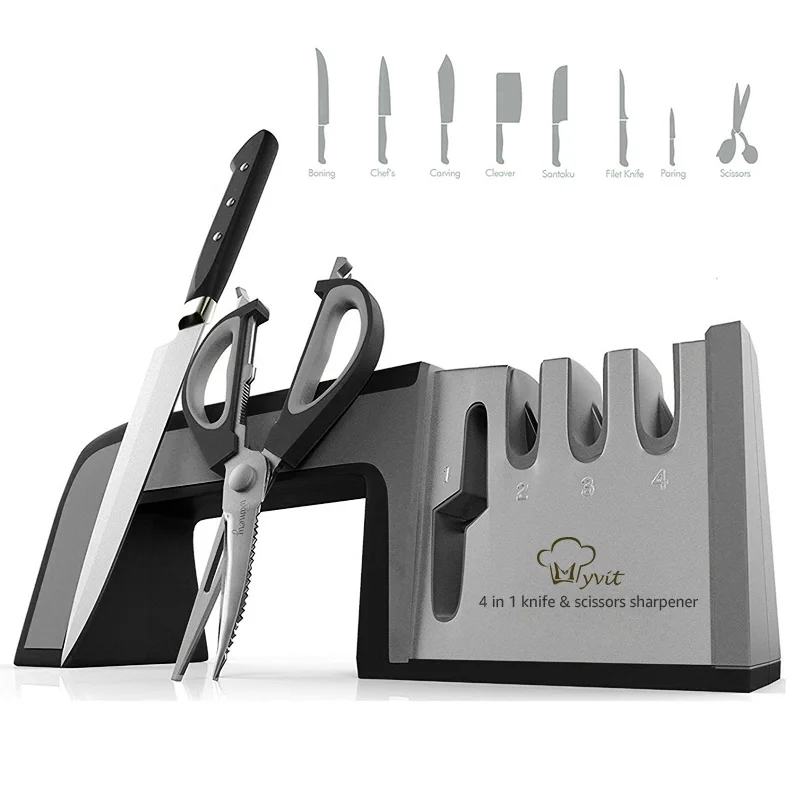 

Knife Sharpener 4 in 1 Diamond Coated&ampFine Ceramic Rod Knife Shears and Scissors Sharpening System Stainless Steel Blad