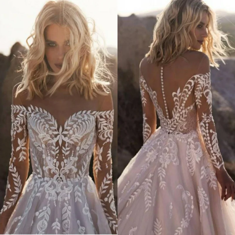 Vestido De Noiva изысканное вышитое кружевное свадебное платье с длинным рукавом и круглым вырезом, бальное платье, свадебные платья
