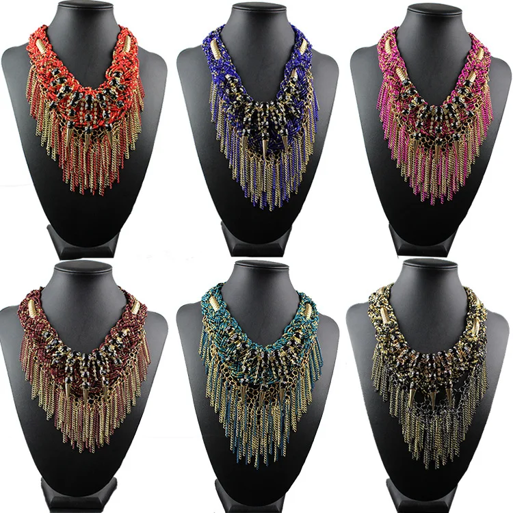 

Europe And America Big Brand Exaggeration Short Necklace Women's Ethnic-Style Alloy Diamond Set Multilayer Tassels Necklace Bead