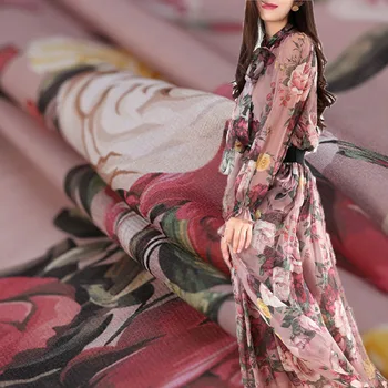 

Peony roses digital painting georgette silk fabric for summer dress ткань telas por metro tissu sewing tela ткани stof tissus