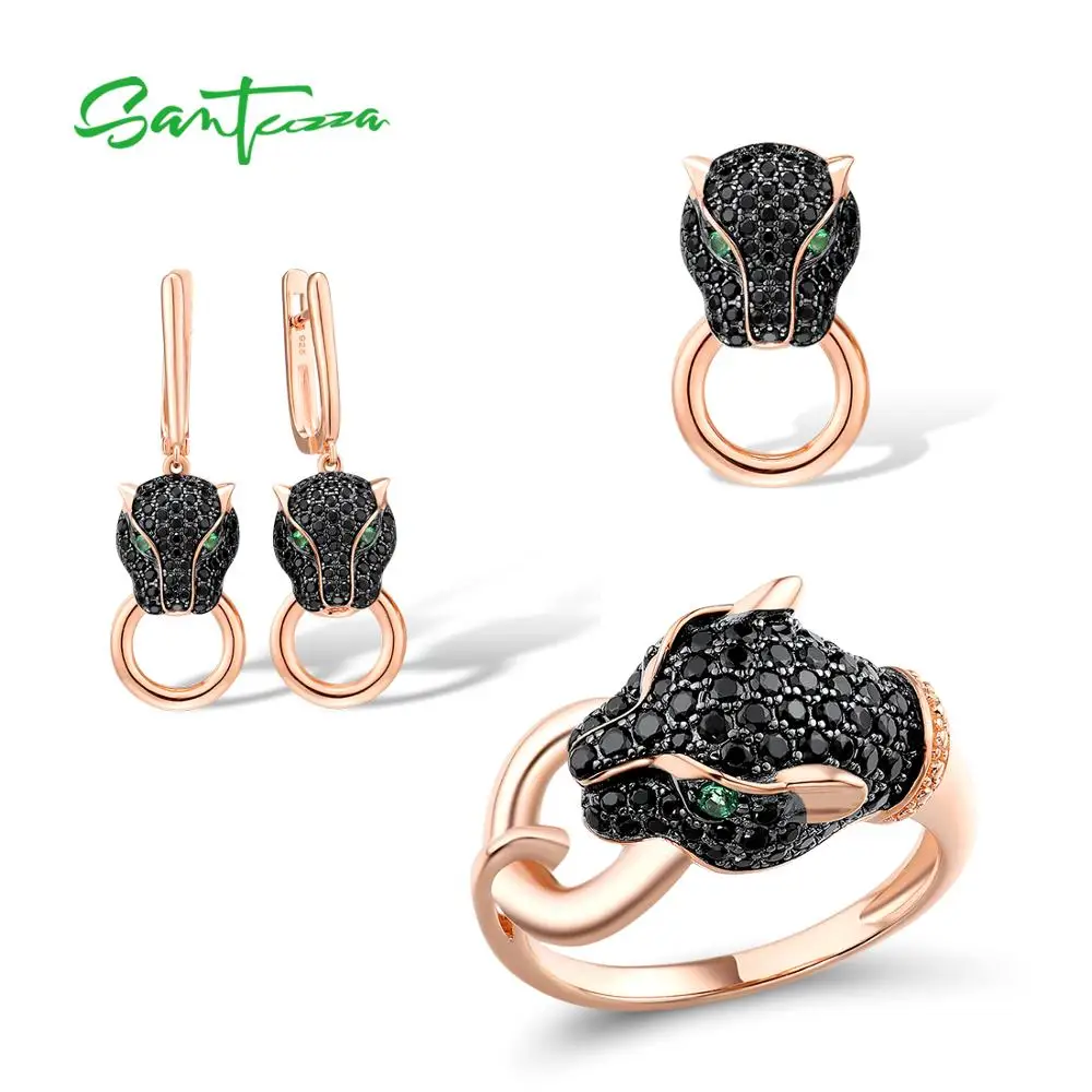 

SANTUZZA Jewelry Set For Women 925 Sterling Silver Trendy Panther Ring Earrings Pendant Set Black Green Spinel Fine Jewelry