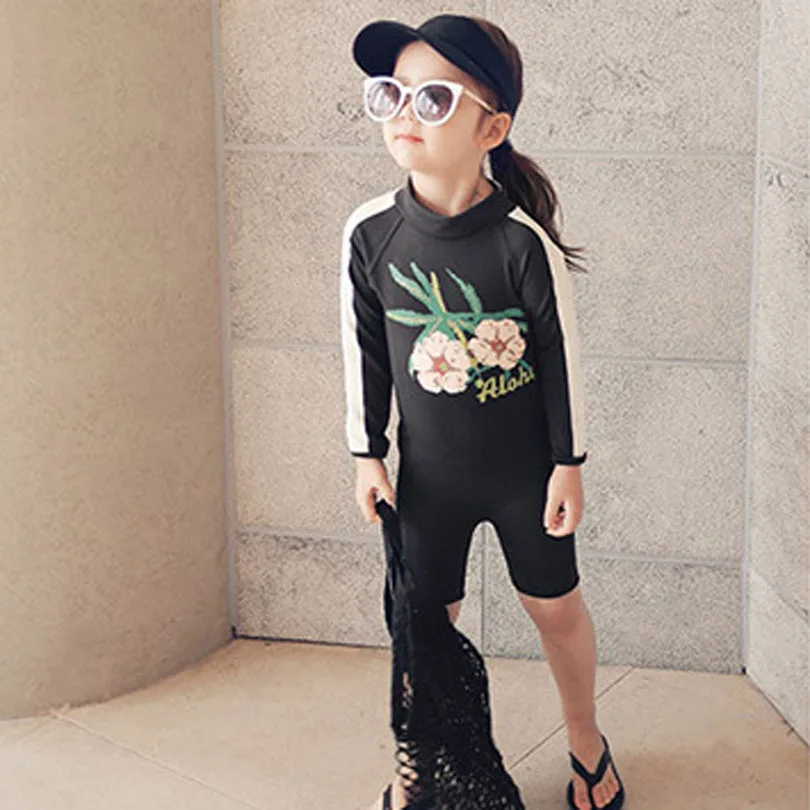 One Piece Children's Beach Swimwear for Girl Hawaii Tropical Sports Black Swimsuit Girls Swim Suit Jumpsuit CDFS34