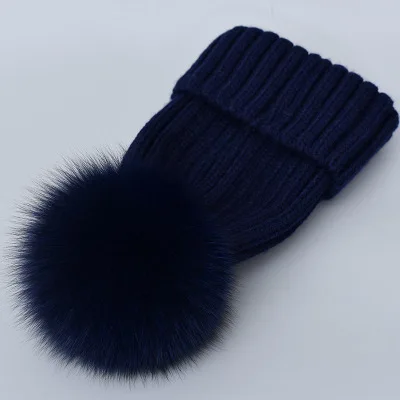 navy with velvet Детская шапка для русской зимы, для женщин и детей, шапки из натурального Лисьего меха, шапка для мамы и ребенка с помпоном, одинаковая для семьи, шапочка с помпоном, детская шапка - Color: navy with velvet