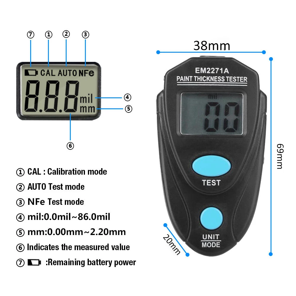 Koop EM2271 EM2271A Lcd Automobiel Verf Diktemeter Mini Digitale Auto Coating Tester Voertuig Film Verf Detector Meetinstrument