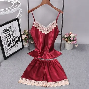 

Burgundy V-Neck Womens 2PCS Pajamas Set Sleepwear Sexy Summer Nightdress Home Clothing Nightwear Robe Gown Sleep Suit Nightgown
