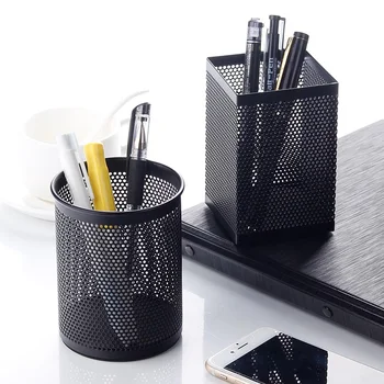 

Simple harder high capacity black pen holder metal round and square pen holder desk organizer pencil pot