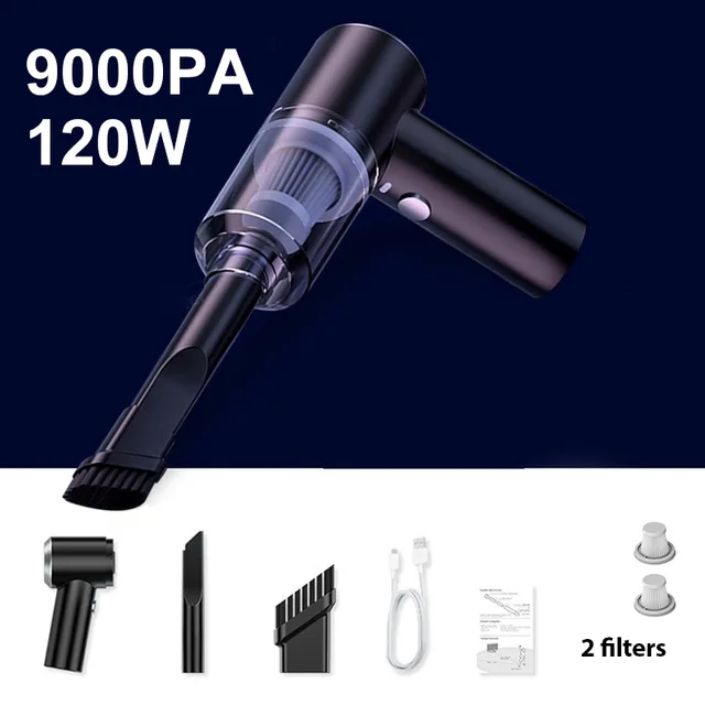 9000pa Car Vacuum Cleaner Mini Gun style Cleaner Cordless 120W Handheld Portable Vacuum Cleaner For Auto Interior Home appliance black-2 filters