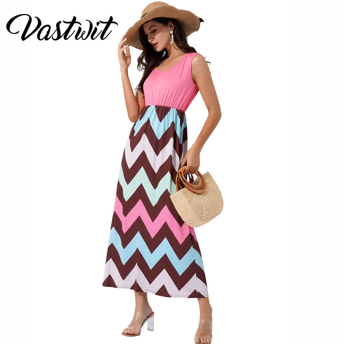 

Платье женское длинное с принтом, пикантное повседневное пляжное вечернее Макси платье без рукавов, с V-образным вырезом, с волнистым принтом, на лето