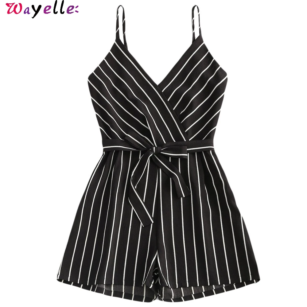 

Rompers Women Jumpsuits Striped Female Rompers Bow Belt V-Neck Short Wide Leg Straps Sleeveless Summer Beach Womens Jumpsuits