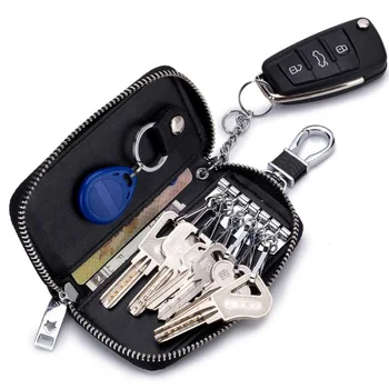 

Genuine Leather Man Key Wallets Short Square Cowhide ID Card Holder Zipper Multi-function Car Key Chain Wallet Coin Purse