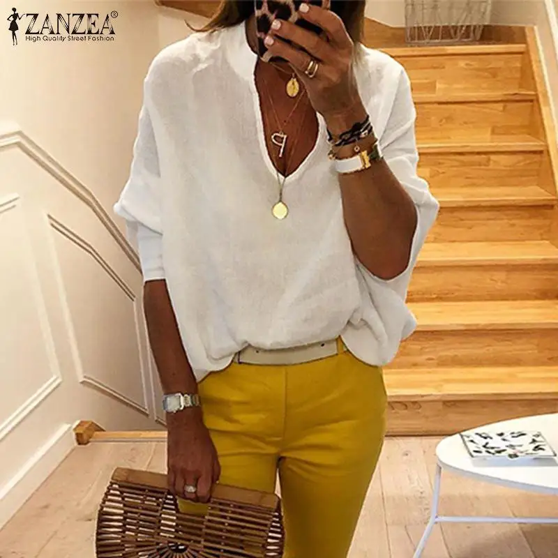 Plus Size Women's Summer Blouse ZANZEA Elegant White Tops Casual V Neck Blusas Female Puff Sleeve Shirt Female Solid Tunic