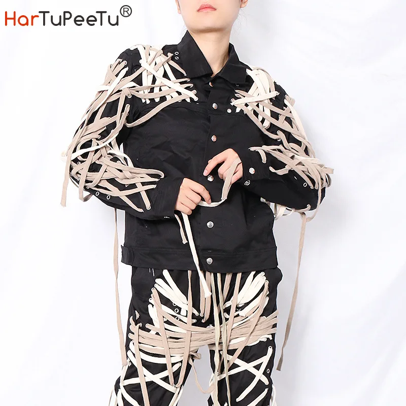 

Spring Autumn Women Black Jacket Vintage Cross Bandage Design Plus Size Loose Fit Long Sleeve Tops Buttons Pockets Coat