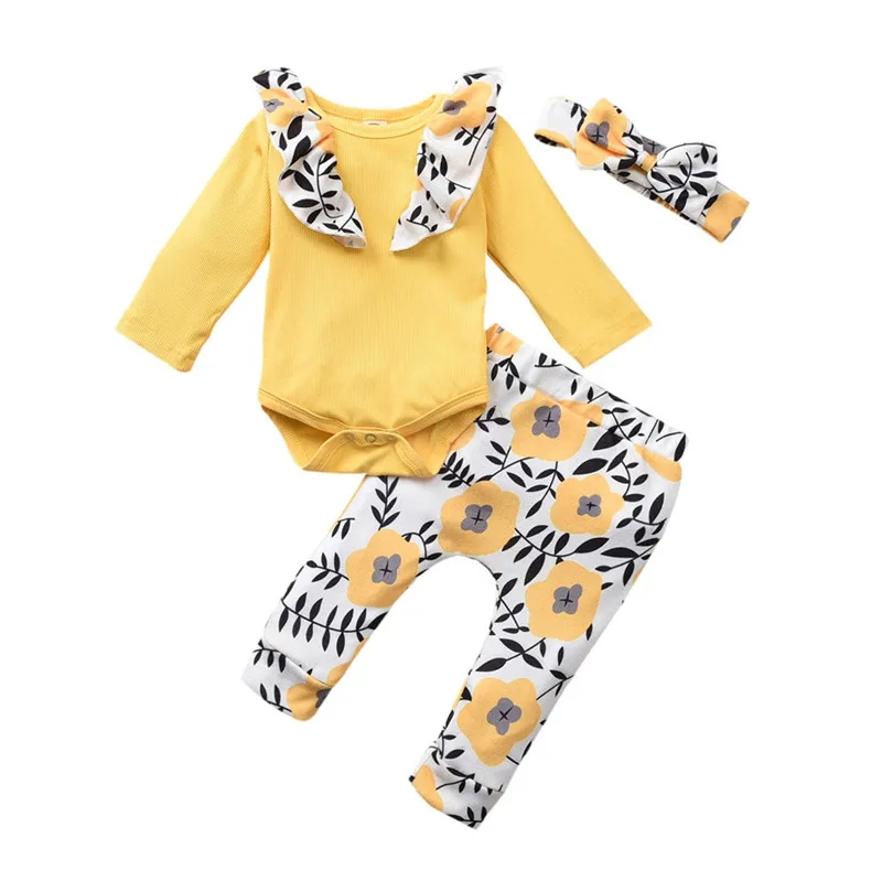 Spring Flower Baby Girls Clothes Set Newborn Infant Ruffles Rompers Jumpsuit Pants Outfits Baby