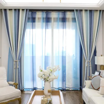 

New Gradient Stripe Printed Northern European Curtain for Living Room Bedroom Curtain Ground Boys Sea Blue Shade Cotton Curtain