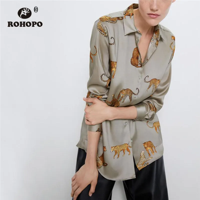 

ROHOPO Autumn Long Sleeve Blosuse Leopard Cartoon Animal Printed Ladies Soft Baggy Tops Shirt Round Edge Female Blusa #9063