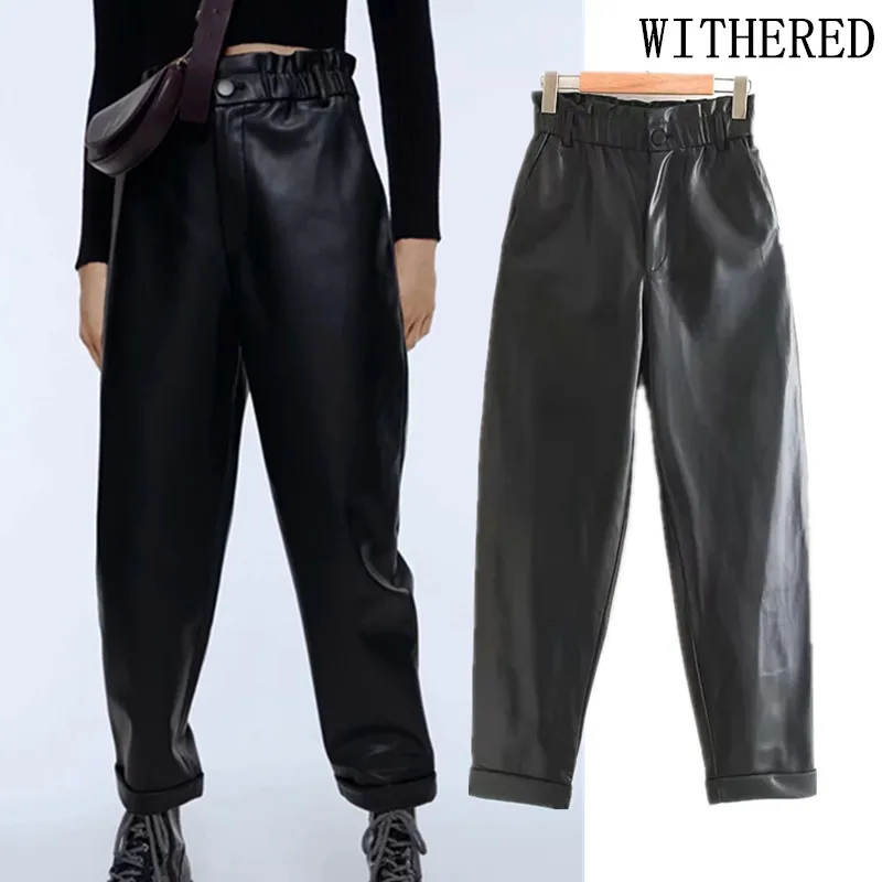 Увядшие английские стильные винтажные свободные кожаные штаны-шаровары ...