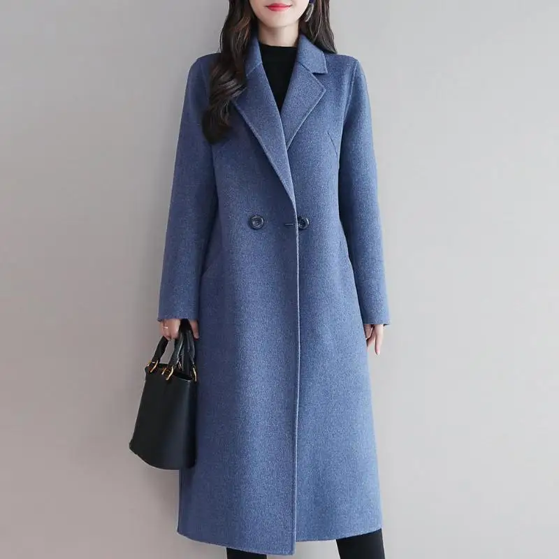

Women Autumn Winter Woolen Coat Lapel Long Loose Solid Outerwear Overcoats