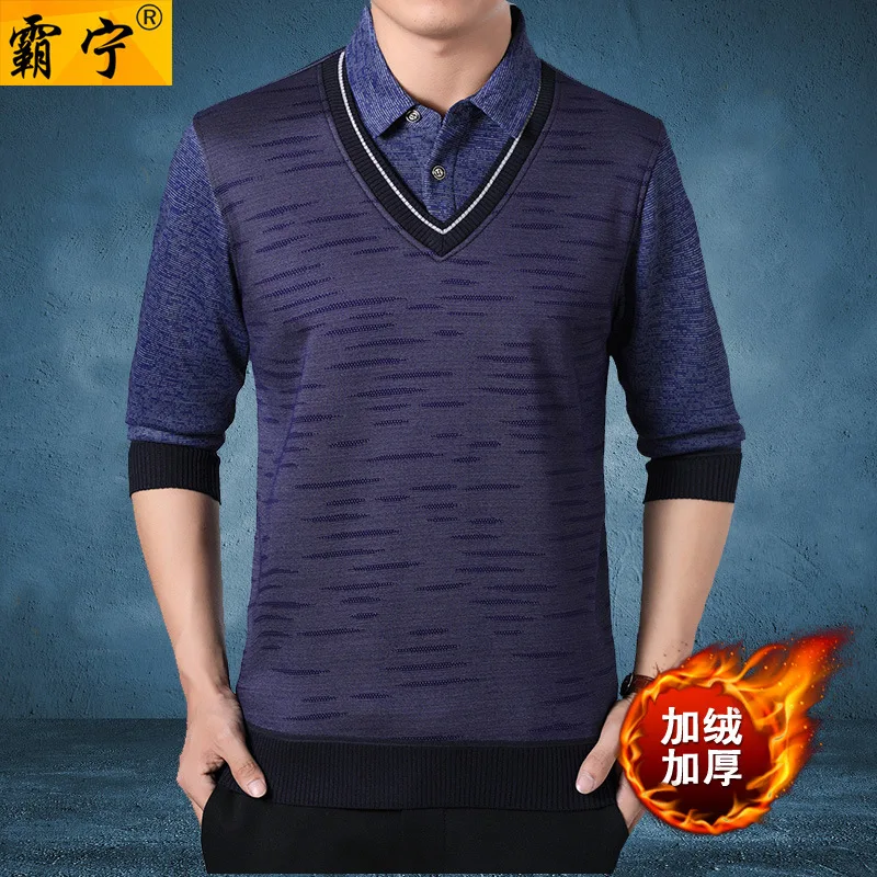 

Middle-aged T-shirt Mock Two-Piece Men's Dad Autumn Clothing Tops Long Sleeve Shirt Collar Casual Base Shirt Brushed And Thick