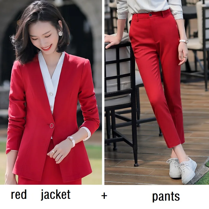 red jacket pants Женские костюмы, тонкие, весна-осень, одноцветные, блейзеры, куртки, штаны, 2 шт, набор, OL, формальные, женские, брючные костюмы, женские костюмы, 693 - Цвет: red jacket pants