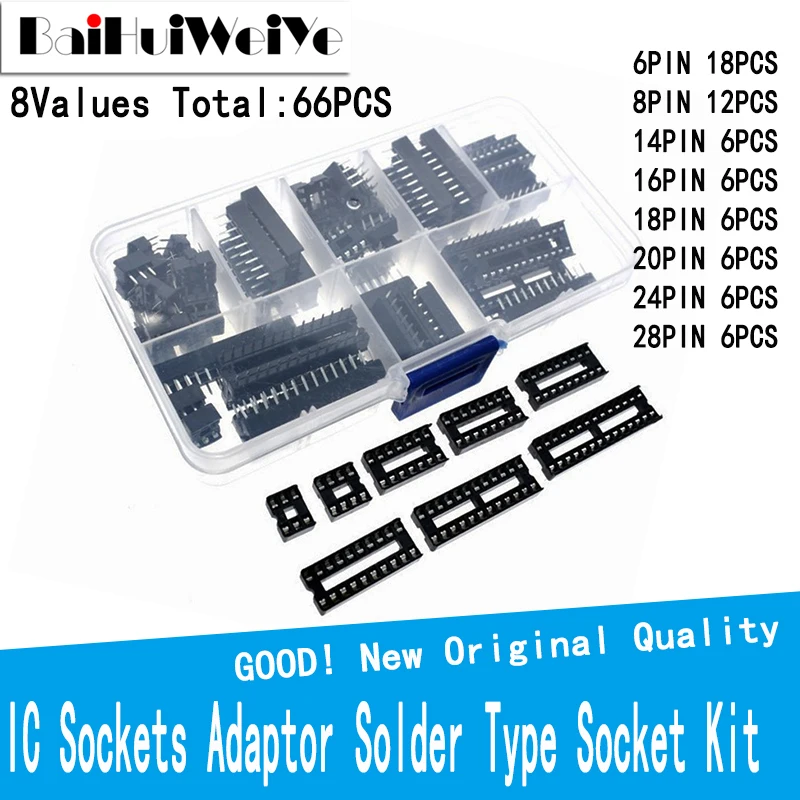 66PCS/BOX DIP IC Sockets Adaptor Solder Type Socket Kit 6,8,14,16,18,20,24,28 PIN for NE555 74HC IC Adaptor Connector Sockets