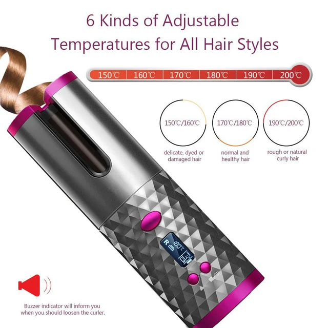 Cordless Auto Rotating Ceramic Hair Curler USB Rechargeable Curling Iron LCD Display Temperature Adjustable Curling Wave Styler 5